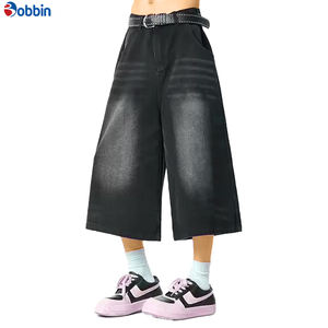 กางเกงยีนส์ขาสั้นทรงหลวมสไตล์เรโทรสีดำสำหรับผู้ชาย เป็นมิตรกับสิ่งแวดล้อม แห้งเร็ว ระบายอากาศได้ดี ผ้าฝ้ายทรงขาบาน - Product Image 1