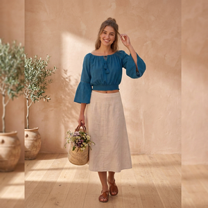 Bohemian Woven <b>Crop</b> <b>Top</b> Bell Sleeve Boat Neck Elastic Waist Blouse Eco-Friendly Breathable for Spring Summer - Product Image 4