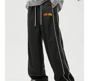 Men's Black Woolen <b>Straight</b> Vintage Sweatpants with White Side Stripes Elastic Waist Drawstring Casual <b>Pants</b> Logo on Right <b>Leg</b> - Product Image 4