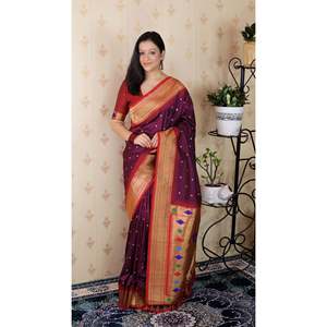 Sari de Seda Bandhani Paithani para Mujer, Tejido con Zari, para Bodas y Fiestas, con Blusa Elegante - Product Image 1