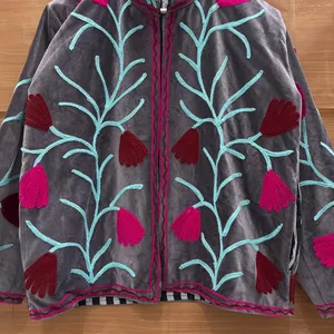 Luxury Gray <b>Velvet</b> Embroidered Suzani <b>Jacket</b> with Floral Print Full Sleeve Stand Collar Handmade Bohemian Autumn Coat - Product Image 4