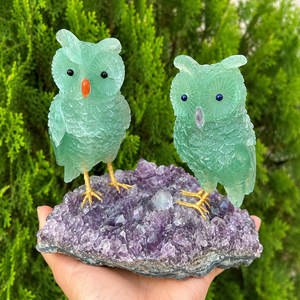 Par de Búhos de Fluorita Verde sobre Drusa de Amatista, Escultura de Búho de Cristal Tallada a Mano, Decoración para el Hogar con Piedras Preciosas - Product Image 4