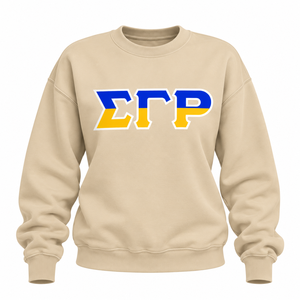 เสื้อสเวตเชิ้ตคอกลมสีเบจ Sigma Gamma Rho ลายตัวอักษรกรีกสีน้ำเงินเหลือง แขนยาว สวมใส่สบายๆ เหมาะสำหรับกลุ่มพี่น้องนักศึกษา - Product Image 3