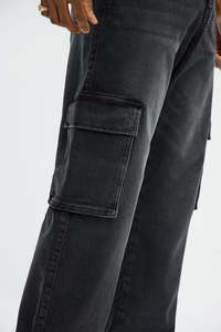 Pantalones Cargo de Mezclilla Lavada para Hombre, Cintura Alta, Corte Holgado, Estilo Utilitario, Color Sólido, Jeans de Algodón de Peso Medio, Ropa de Otoño - Product Image 2