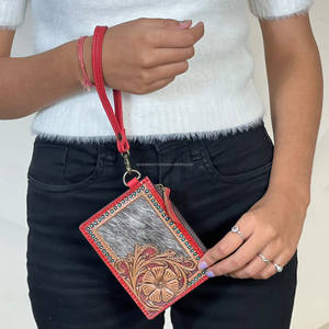 High Quality Genuine Cowhide Tooled Leather Mini Wallet Floral Design Zipper Closure Coin <b>Credit</b> <b>Card</b> <b>Holder</b> Purse For Unisex - Product Image 2