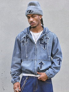 <b>Mens</b> Cross Patch Denim <b>Jacket</b> Hooded Washed Zip Up Streetwear Oversized Applique Vintage Wash Boxy Custom Print OEM Supplier - Product Image 2