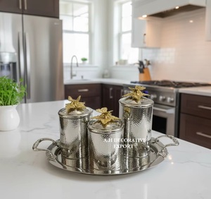 <b>Silver</b> Luxury <b>Tea</b> Coffee Sugar Biscuit Canister <b>Set</b> Home Kitchen Dishwasher Safe Handmade Metal Flip Top Butterfly Lid Container - Product Image 1