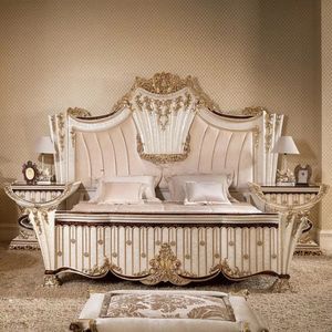 Oferta Especial: Cama Tapizada de Lujo Tradicional Emma para Hotel, en Madera de Caoba Blanca y Dorada, Ecológica, Tamaño Queen/King, Premium - Product Image 1