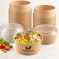 Bol à salade en papier kraft avec couvercle transparent, récipient alimentaire rond jetable, vente en gros pour l'emballage à emporter et la restauration