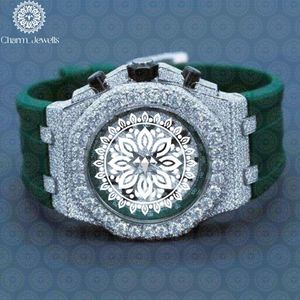Charm_Jewells Montre de luxe pour homme en acier inoxydable, bracelet en silicone vert, 42 mm, analogique, quartz, cristal saphir, boîtier en diamant - Product Image 1