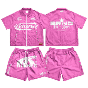 Ensemble veste coupe-vent rose et short pour homme, tenue streetwear d'été, séchage rapide, polyester, deux pièces, en vente - Product Image 1