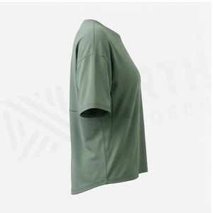 T-shirt à col rond vert uni à manches courtes 100% polyester respirant, vêtements de sport pour femmes, haut de yoga - Product Image 3