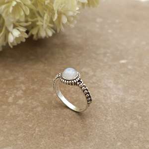 Dainty Oxidized Natural Brass 925 <b>Silver</b> Plated Rainbow Moonstone Bezel <b>Set</b> Unisex Boho Stackable Ethnic Band <b>Ring</b> - Product Image 1