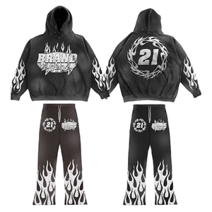 Unisex 400gsm Heavy Weight French Terry Cotton Hoodie Zip up Tracksuit Screen Print Acid Washed Crop Men Flared <b>Sweatpants</b> <b>Set</b> - Product Image 1