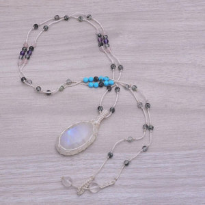 สร้อยคอหินมูนสโตนถักมือแบบมาคราเม่ เชือกสีขาว จี้ปรับได้ ประดับลูกปัด สไตล์โบโฮ เครื่องประดับคริสตัลบำบัด สำหรับผู้หญิง ของขวัญ - Product Image 4