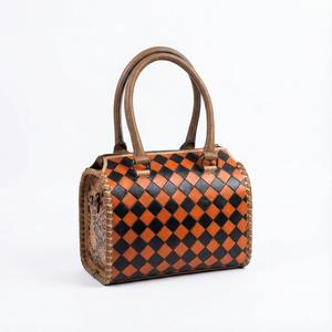 2026 New Luxury Genuine Leather Orange And <b>Black</b> Checkered Floral Carved Pattern Zipper Closure Durable Design Speedy Duffle <b>Bag</b> - Product Image 4