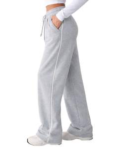 Pantalones Deportivos de Felpa para Mujer, Color Gris Claro, Pierna Ancha, Cintura Elástica con Cordón, Corte Holgado Informal, Mezcla de Algodón - Product Image 3