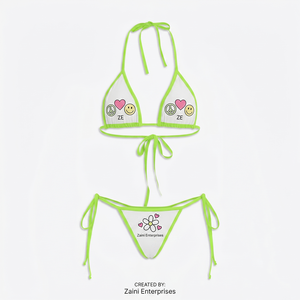 Premium 190 GSM Polyester Spandex Women <b>Bikini</b> <b>Set</b> <b>White</b> Neon Green Contrast Binding Triangle Halter Tie Side Custom Embroidery - Product Image 1