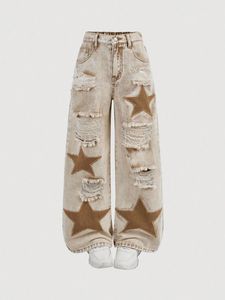 Jeans de Mujer de Cintura Alta, Rotos, de Pierna Ancha, con Parche de Estrella, Denim Desgastado, Corte Holgado Informal, Largos - Product Image 1