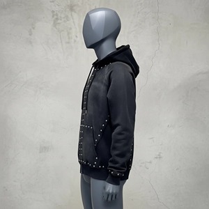 Men's <b>Black</b> Hooded Sweatshirt Regular Fit Studded Zipper Front Pocket Casual Autumn Wear - Product Image 3