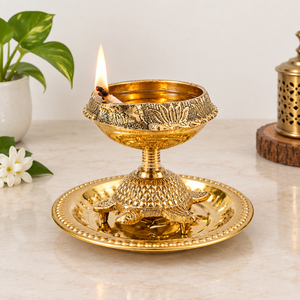 Handcrafted Brass Tortoise Diya <b>Oil</b> <b>Lamp</b> with Decorative Plate Traditional Puja Deepak for Home Temple Diwali Decor - Product Image 3