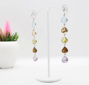 5-Tier Spiral Fancy Cut Multi-Gemstone Spiral Waterfall Hand-Carved <b>Dangle</b> <b>Earrings</b> in 925 <b>Silver</b> - Product Image 4