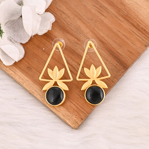 Natural <b>Black</b> <b>Onyx</b> Gold Plated Brass Bezel Setting Dangle <b>Earrings</b> Handmade Fashion Jewelry Shilpi Impex for Women Wholesale Lot - Product Image 2