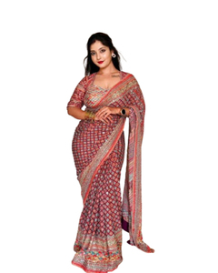 KUNJ CREATION Hand Drawn Digital Print Pure Cotton Banarasi Saree Soft Indian Vintage Winter Ethnic Style <b>Net</b> <b>Fabric</b> Maheshwari - Product Image 1