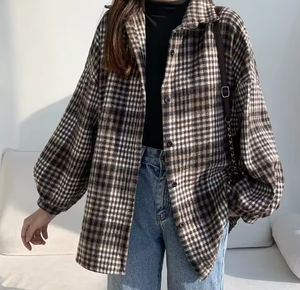 เสื้อเชิ้ตผ้าสักหลาดลายสก็อตสำหรับผู้หญิง ขายดี เสื้อเชิ้ตทรงหลวม แขนยาว สไตล์ลำลอง ติดกระดุม - Product Image 4