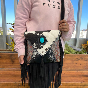 New Hair on Hide Fur Leather Fringe Handbag Cowhide Leather Hot Selling Crossbody Purse Stylish <b>Turquoise</b> Stone Sling Bag Gifts - Product Image 2