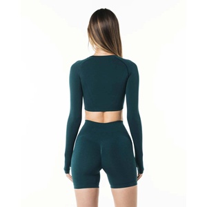 Haut court à manches longues vert foncé pour femme, col rond, pull en tricot minimaliste, respirant, en spandex et polyester, pour toutes les saisons, vêtements de sport - Product Image 2
