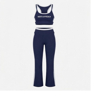 North Approach 2 Piece Yoga Set Racerback Crop Top Full Length Pants Solid Navy Contrast Binding Breathable Women's Sportswear - Product Image 1