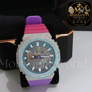 Montre à quartz de luxe pour femme, cadran en cristal, date/jour automatiques, boîtier en strass, acier inoxydable, résistant à l'eau 3BAR, bracelet rose et violet - Product Image 2