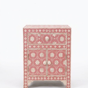 Wholesale <b>Blue</b> Geometric Bone Inlay <b>Bedside</b> <b>Table</b> 1 Drawer 2 Doors Cabinet Handmade Moroccan Style Wooden Nightstand Factory - Product Image 3