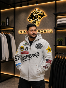 REXFITSPORTS 2026 CCustom <b>White</b> Full <b>Zip</b> Graphic Hoodie 280–300 GSM Cotton Polyester Fleece Patchwork Streetwear Hoodie - Product Image 3
