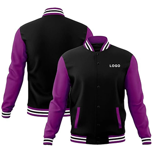 Blouson universitaire noir et violet pour homme, coupe droite, col rabattable, fermeture boutonnée, blocs de couleur, logo frontal, tenue décontractée pour l'automne - Product Image 4