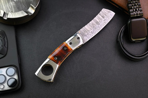 Handmade D2 Cigar Cutter Pocket <b>Knife</b> Blue Wood <b>Handle</b> Stylish With Leather Sheath - Product Image 2