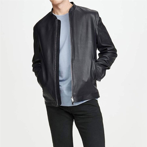 Veste de moto pour homme en cuir véritable noir, écologique, imperméable, col montant, fermeture éclair, respirante, coupe ajustée, longueur standard - Product Image 4