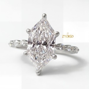 Anillo de compromiso y boda clásico con diamantes marquesa y detalles laterales, diamante cultivado en laboratorio, oro macizo de 14K, moderno para mujer - Product Image 4