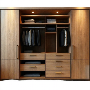 Modern Minimalist Wooden Wardrobe Hinged Doors and Brass Handles Wall Mount Bedroom Furniture 5 <b>Drawers</b> <b>6</b> Shelves Light Feature - Product Image 6