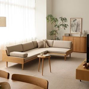 Canapé sectionnel en bois massif en forme de L avec coussin rembourré en tissu, meubles de salon, style scandinave - Product Image 1