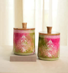 Pot de rangement en bois fait main avec couvercle en bois, motif floral rose et vert, style bohème, idéal pour offrir - Product Image 5