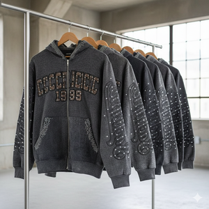 Sudadera con capucha para hombre, de gran gramaje, con lavado ácido, 100% algodón, felpa francesa, pedrería, bordado desgastado y cremallera, la más vendida - Product Image 4