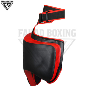 Protectores de muslo profesionales para boxeo y MMA en color negro y rojo con diseño de correa cruzada segura para venta al por mayor. - Product Image 3