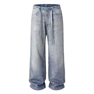 Women’s Y2K Customized Rhinestone Design Jeans <b>Wide</b> <b>Leg</b> Baggy Denim Pants High Waist Loose Fit <b>Sparkly</b> Streetwear 100% Cotton - Product Image 1