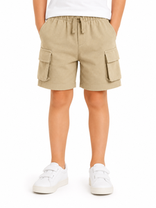 Shorts cargo beiges pour garçons, taille élastique, décontractés, d'été, avec poches à rabat, en mélange de coton doux, légers, longueur genou - Product Image 1