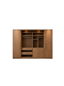 Modern Minimalist Wooden Wardrobe Hinged Doors and Brass Handles Wall Mount Bedroom Furniture 5 <b>Drawers</b> <b>6</b> Shelves Light Feature - Product Image 1