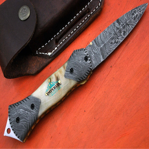 Cuchillo de Caza Imperial de Acero de Damasco, Hoja de Punta Caída, Mango de Marfil con Funda de Cuero - Product Image 2