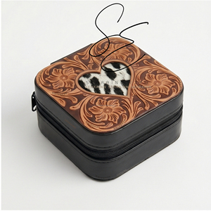 Mini Travel Jewelry Box for Women with Hair On Heart Tooled Leather Design Portable Zipper Jewelry Organizer Case with <b>Mirror</b> - Product Image 1