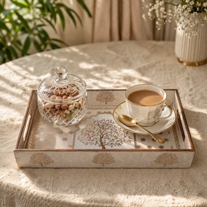 Juego de bandejas decorativas rectangulares con diseño de árbol dorado y asas, diseño floral tradicional, paquete de varias piezas - Product Image 2